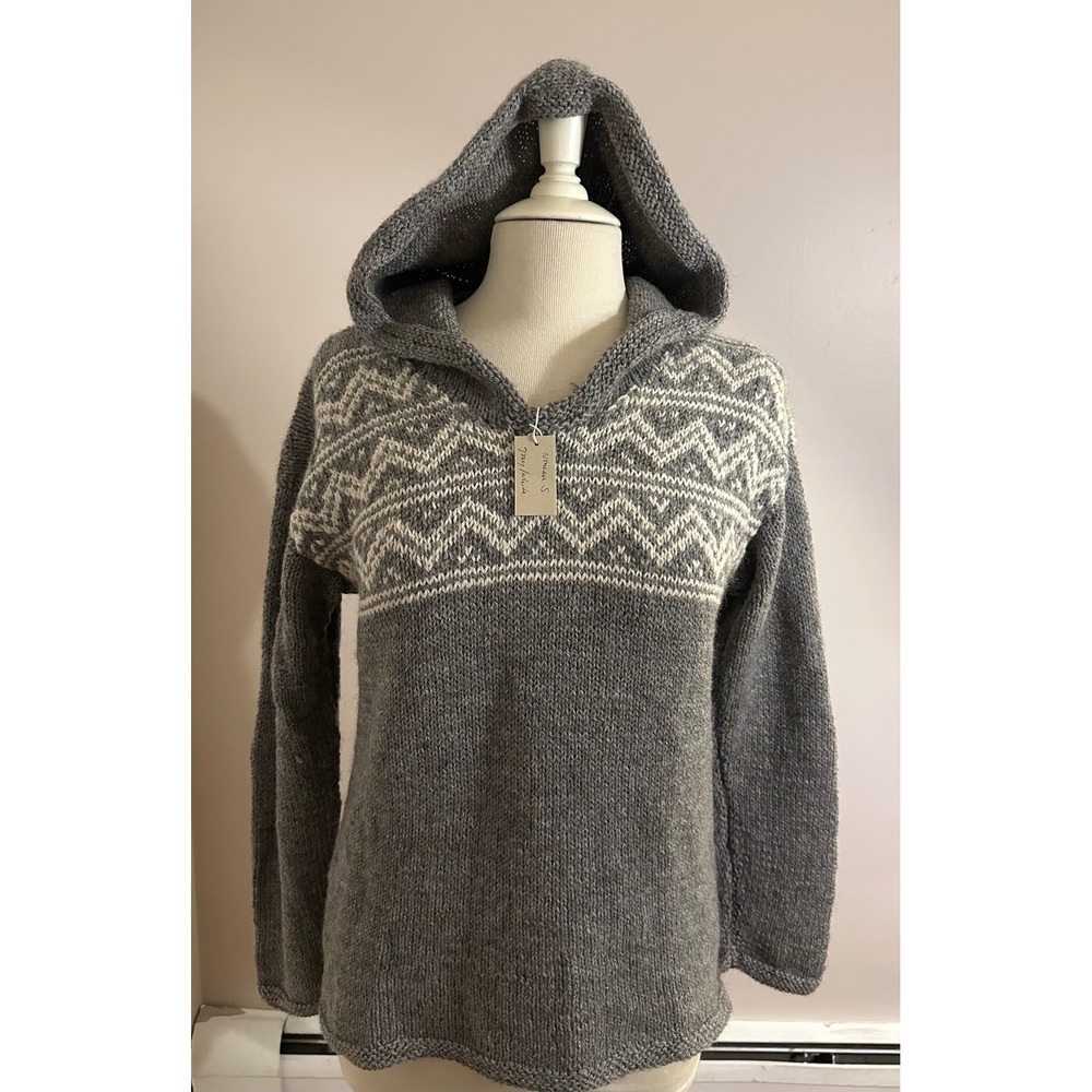 Handmade Wool Fair Isle Hooded Sweater Womens S/M/L Gray Nordic Pullover